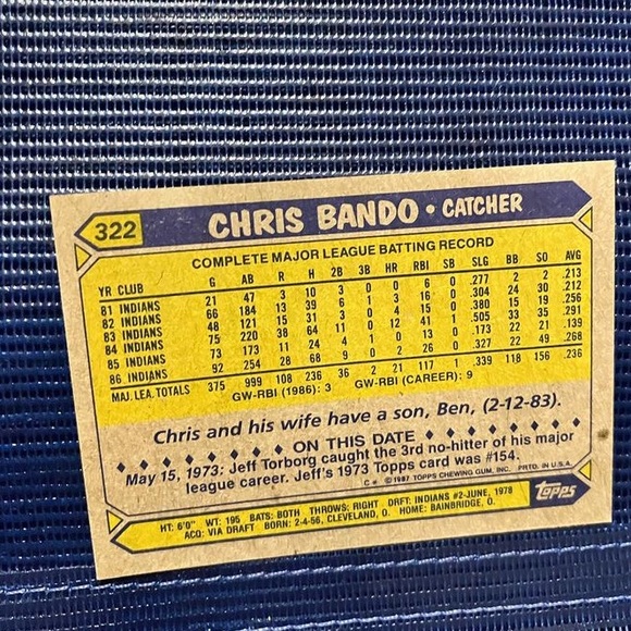 Baseball Card Chris Bando (Cleveland Indians) - Picture 2 of 2